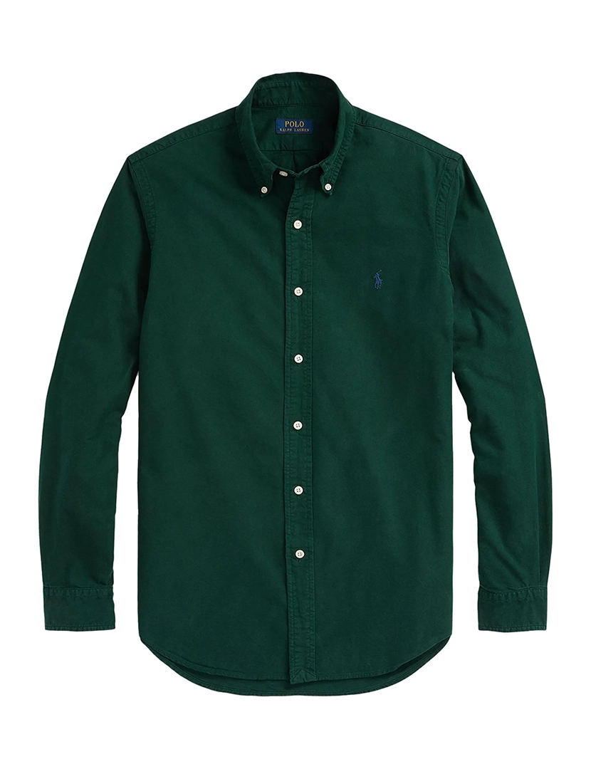 Camisa Homem Slim Fit Verde Escuro Logotipo Azul