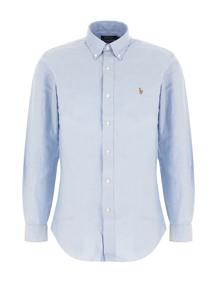 Camisa Homem Custom Fit Azul Logotipo Castanho