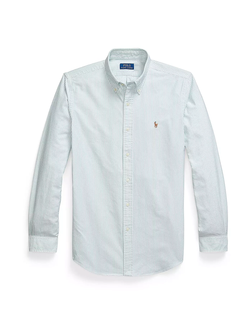 Camisa Homem Custom Fit Riscas Azul Logotipo Castanho