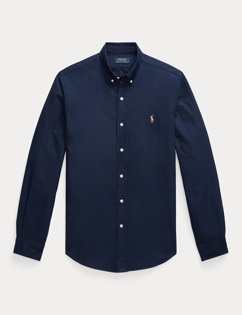 Camisa Homem Custom Fit Azul Navy Logotipo Castanho