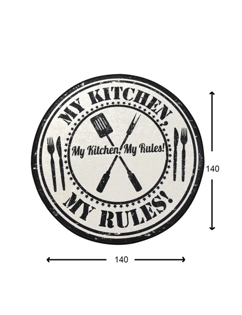 Tapete My Kitchen My Rules Redondo 140cm Branco e Preto