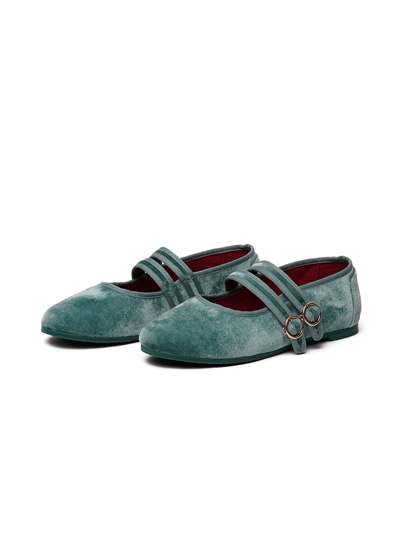 Mary Jane Double Strap Velvet Beryl Green
