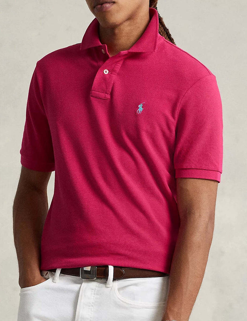 Pólo Slim Fit Rosa Logotipo Azul
