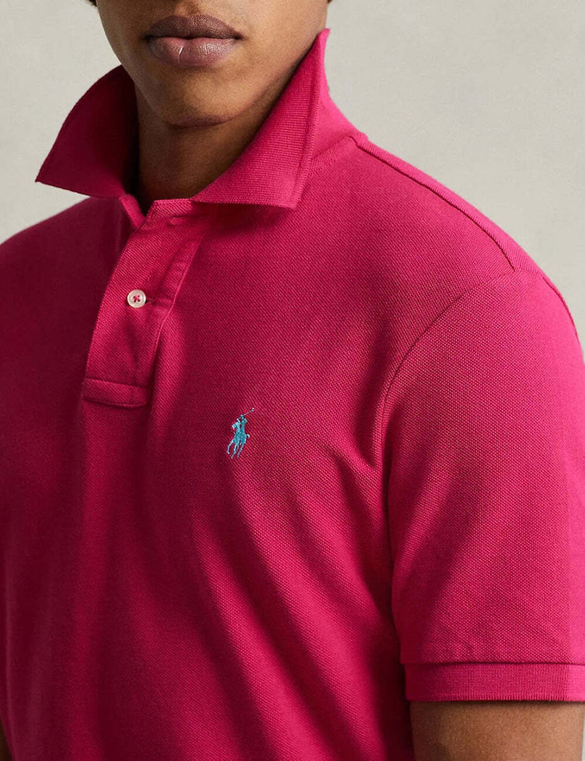 Pólo Slim Fit Rosa Logotipo Azul
