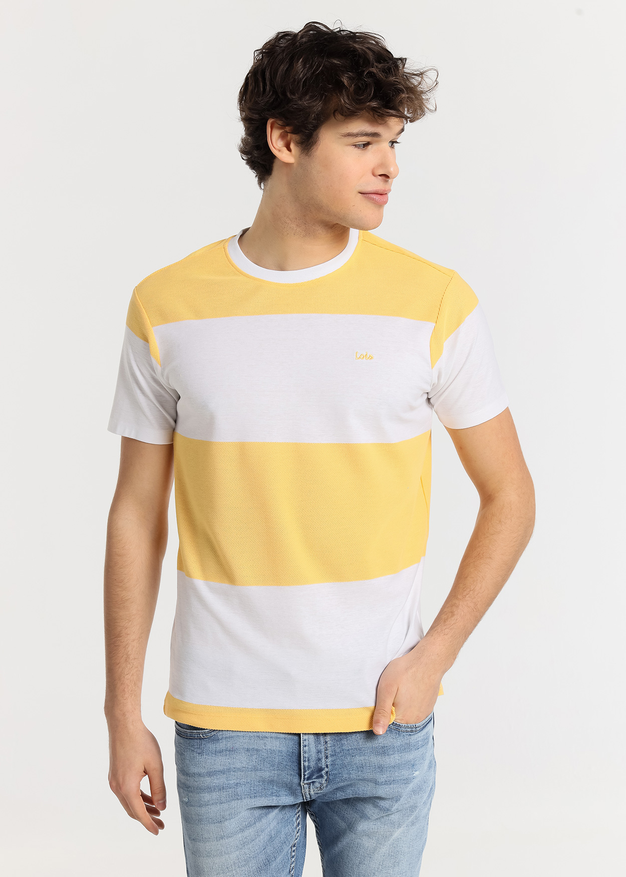 T-Shirt Homem com Riscas Branco e Amarelo