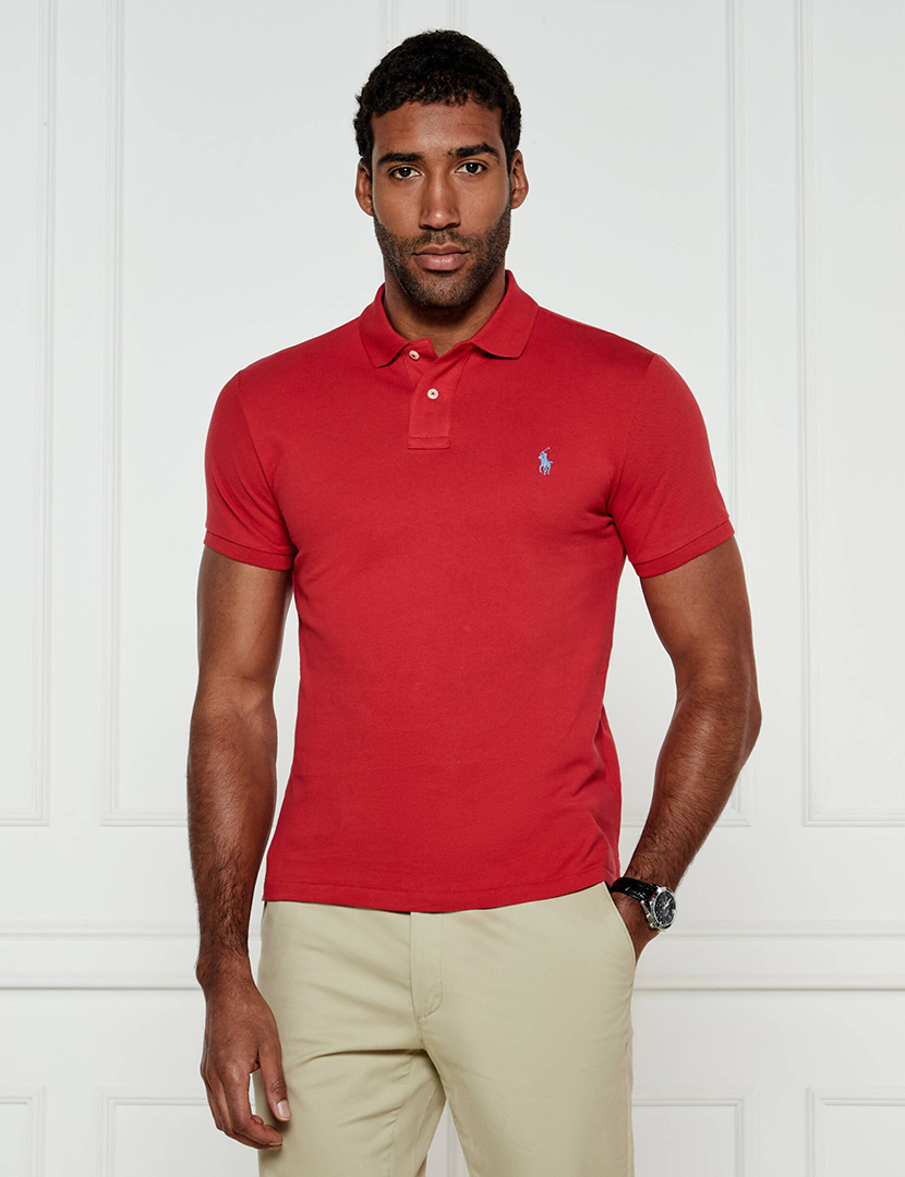 Pólo Slim Fit Vermelho Logotipo Azul
