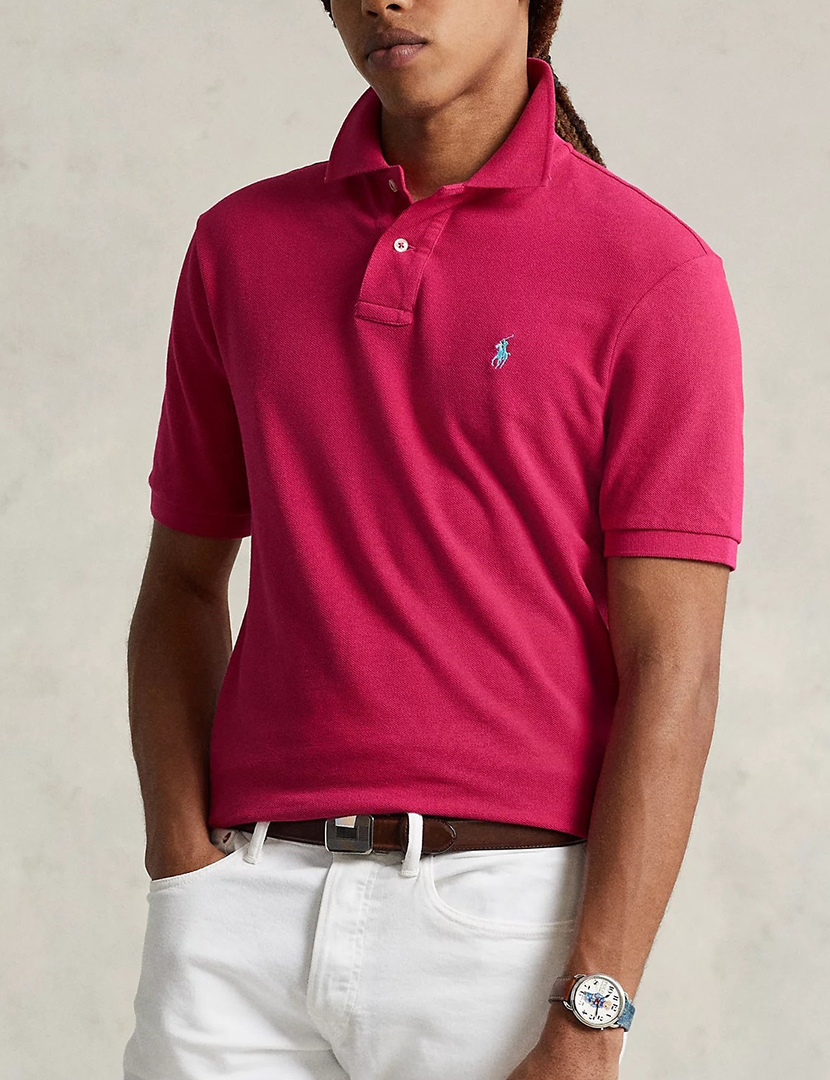 Pólo Slim Fit Fúcsia Logotipo Azul