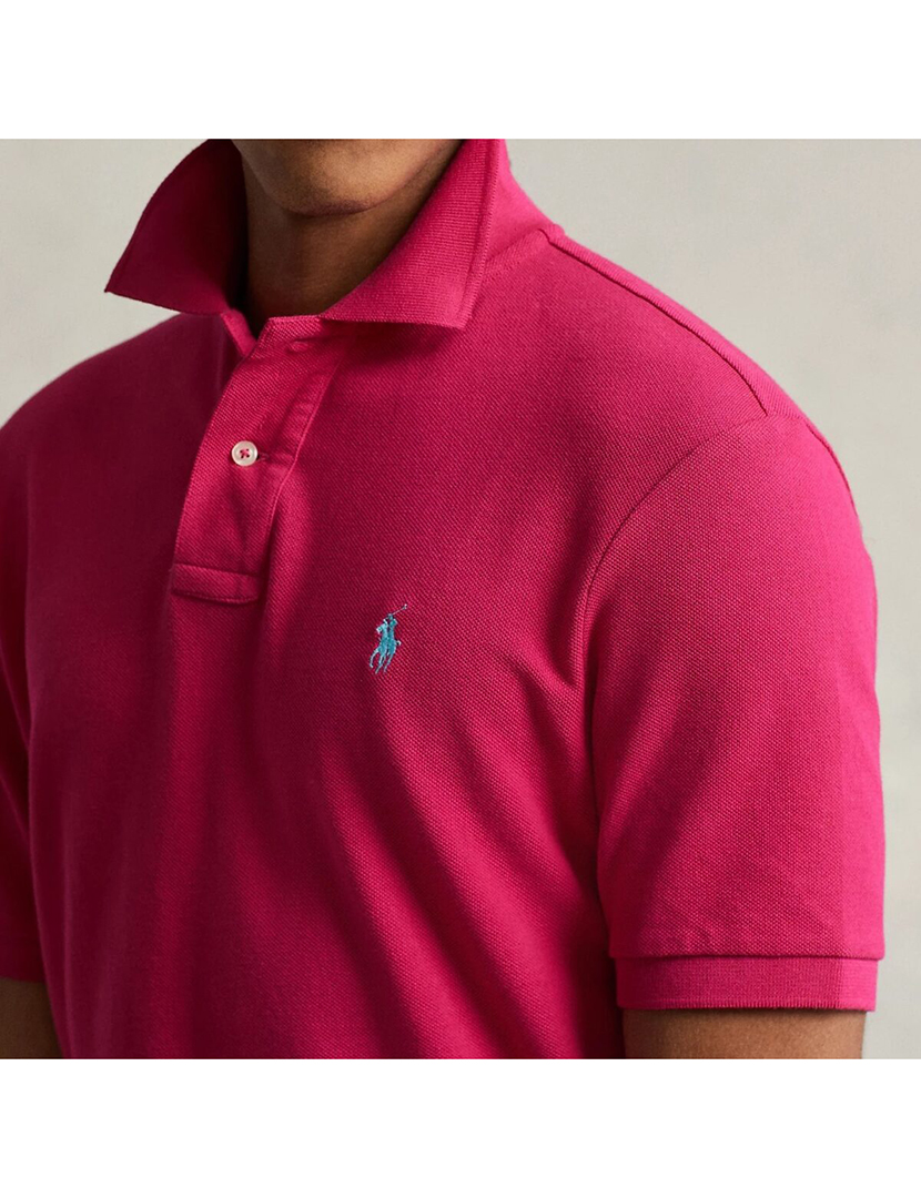 Pólo Slim Fit Fúcsia Logotipo Azul