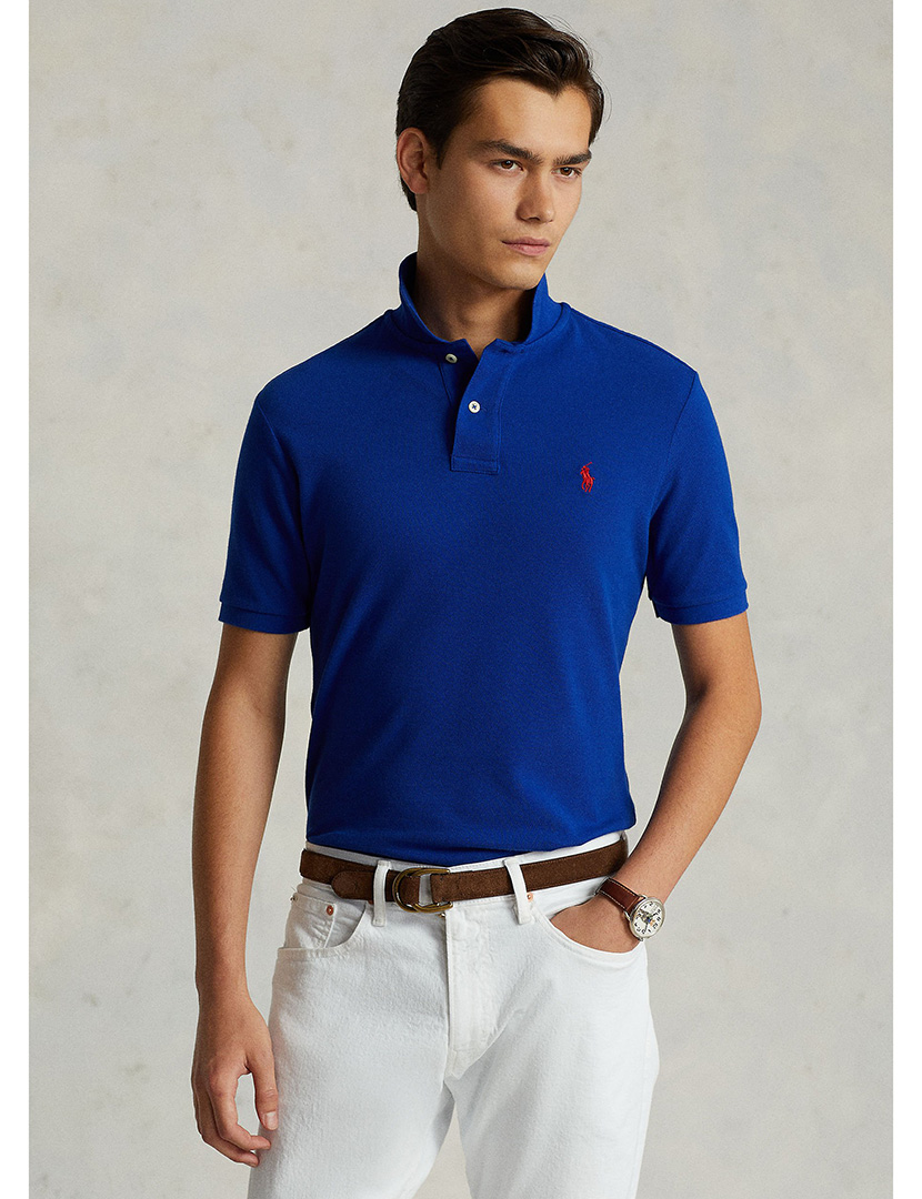 Pólo Slim Fit Azul Logotipo Vermelho