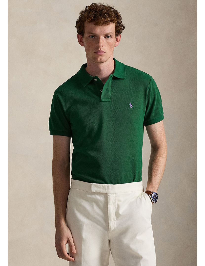 Pólo Sim Fit Verde Logotipo Roxo