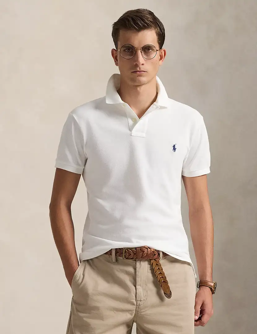 Pólo Slim Fit Branco Logotipo Azul