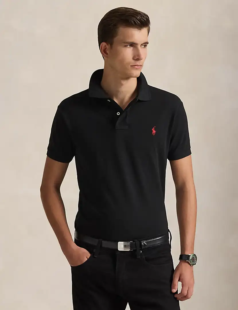 Pólo Slim Fit Preto Logotipo Vermelho