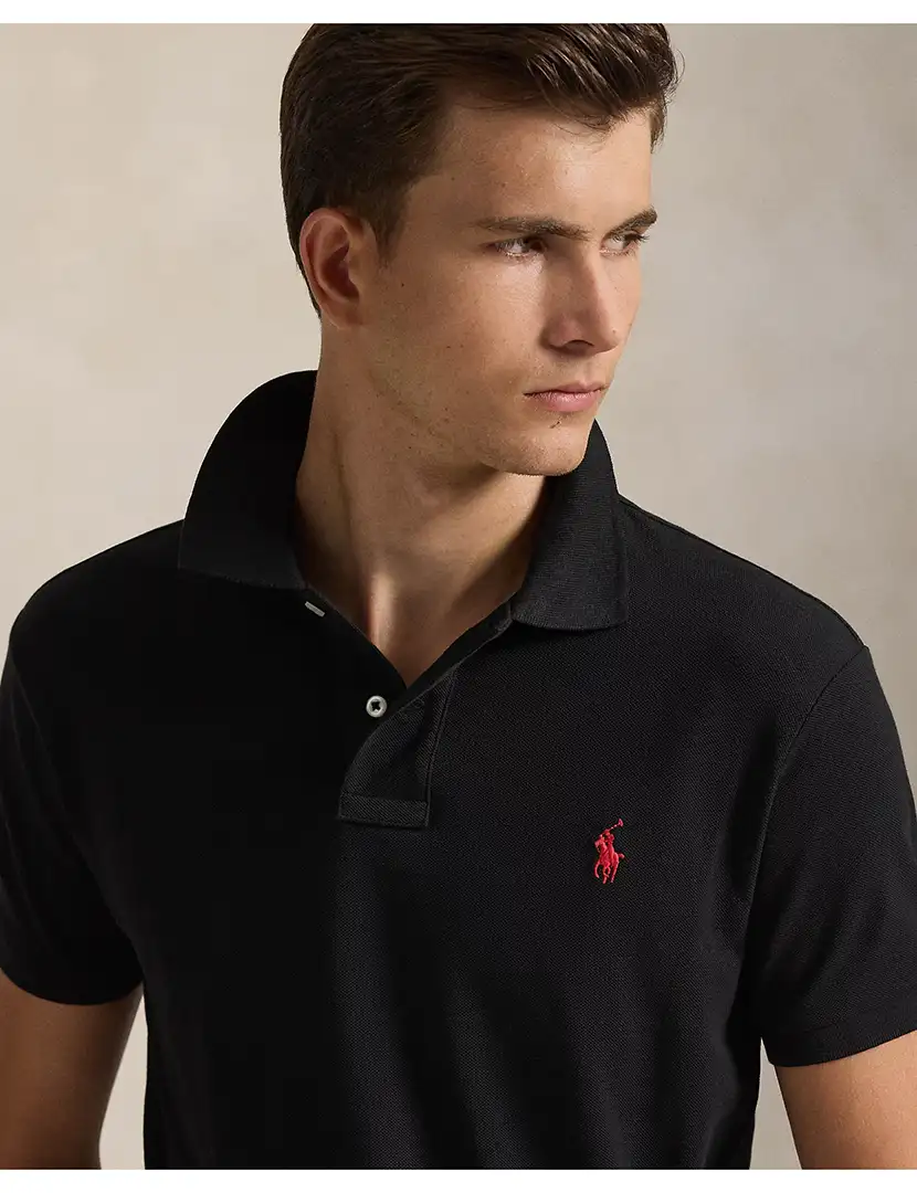Pólo Slim Fit Preto Logotipo Vermelho