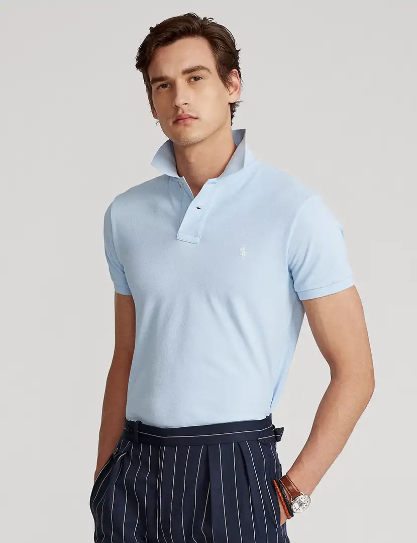 Pólo Slim Fit Azul Claro Logotipo Branco