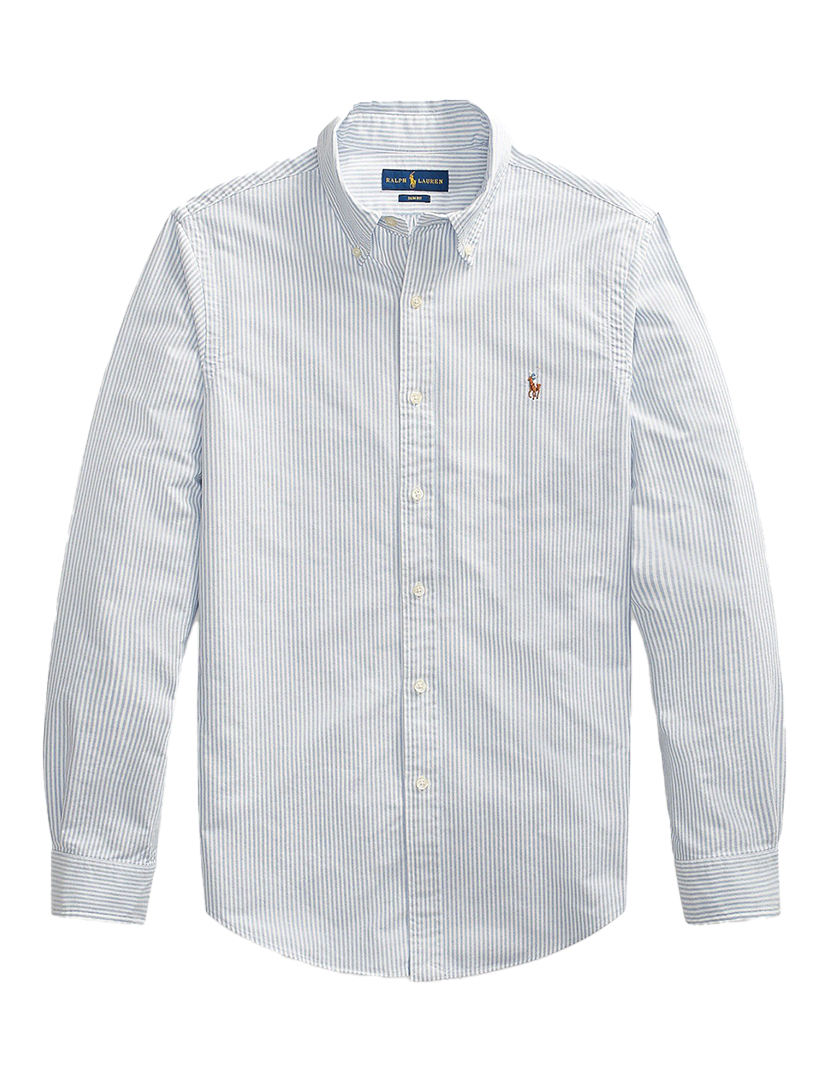 Camisa Custom Fit Azul Logotipo Castanho