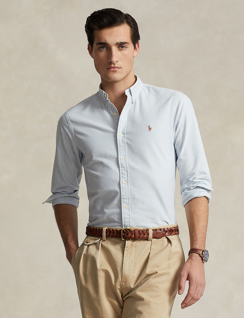 Camisa Custom Fit Azul Logotipo Castanho