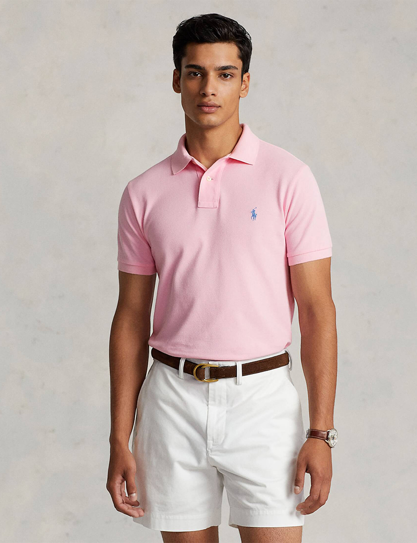 Pólo Custom Slim Fit Rosa Logotipo Roxo