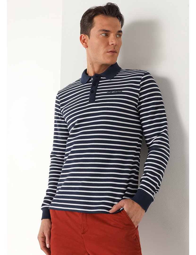 Pólo Homem Listrado Azul e Branco