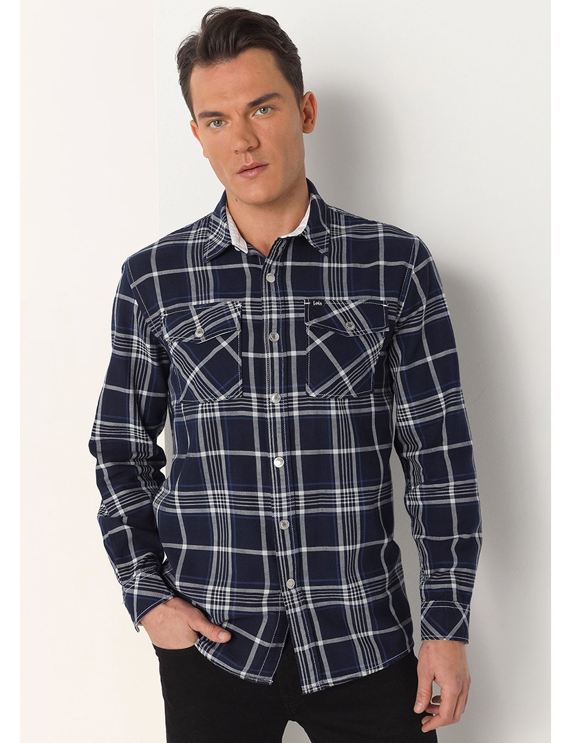 Camisa Homem com Padrão Azul e Branco