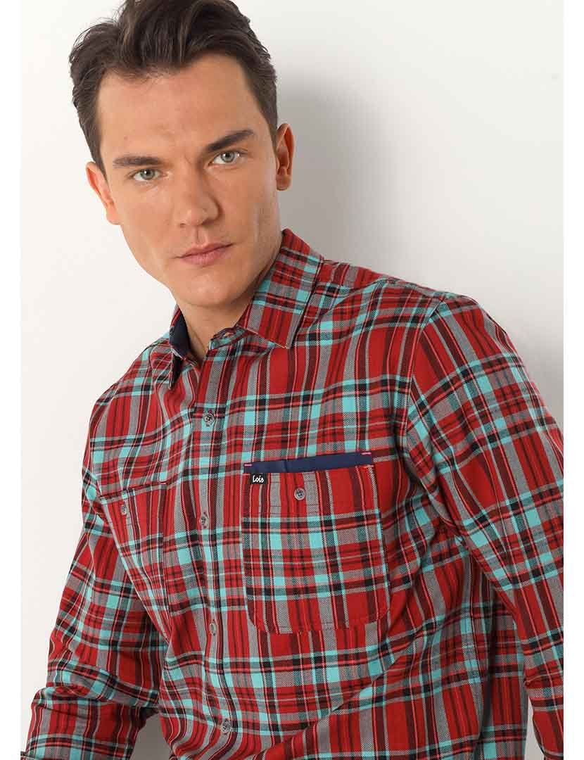 Camisa Homem com Padrão Vermelho e Azul