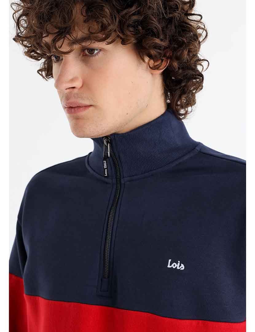 Sweatshirt Homem com Meio Fecho Azul e Vermelho