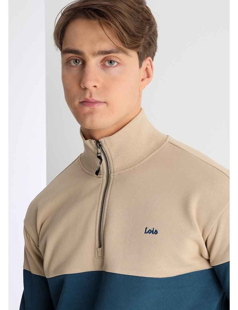 Sweatshirt Homem com Meio Fecho Bege e Azul