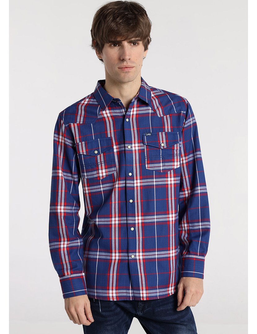 Camisa Homem com Padrão Azul e Vermelho