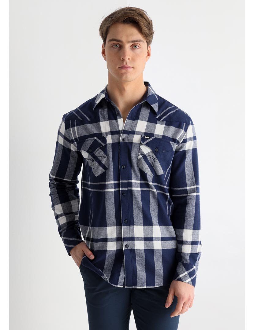 Camisa Homem com Padrão Azul e Branco