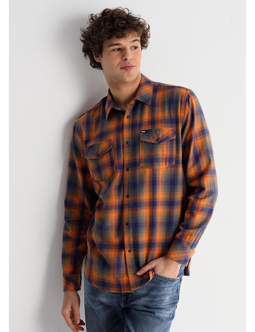 Camisa Homem com Padrão Azul e Laranja