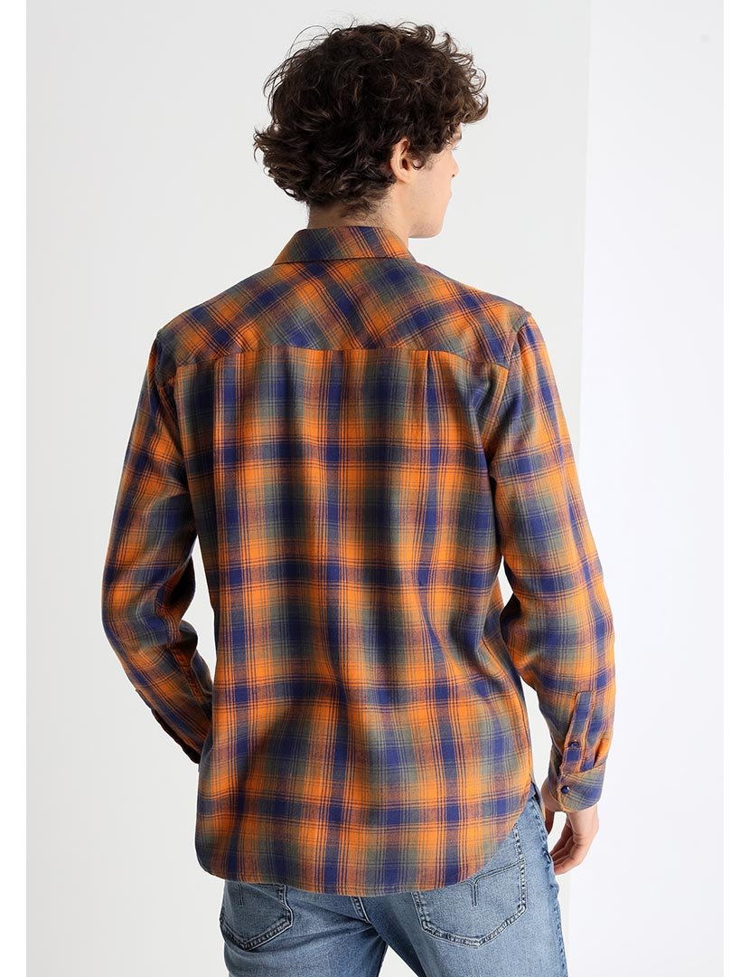 Camisa Homem com Padrão Azul e Laranja