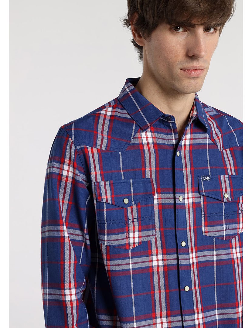 Camisa Homem com Padrão Azul e Vermelho