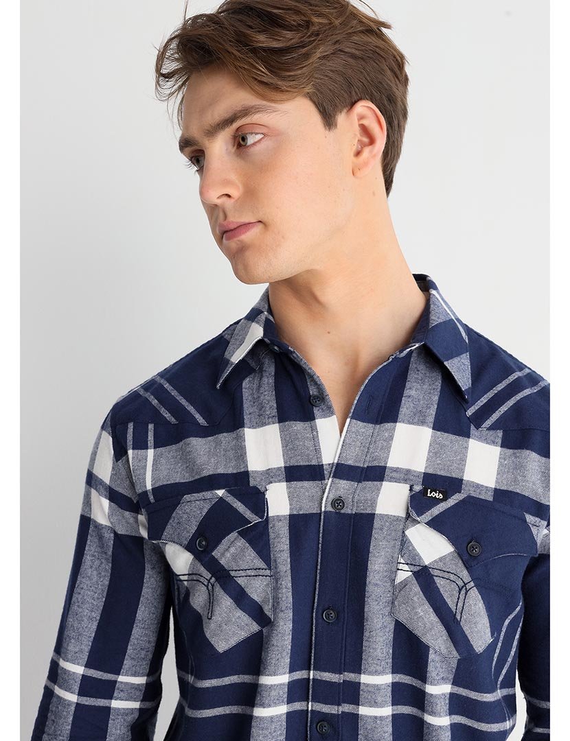 Camisa Homem com Padrão Azul e Branco