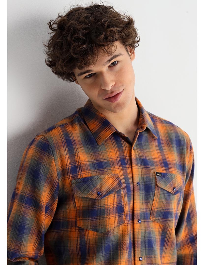 Camisa Homem com Padrão Azul e Laranja