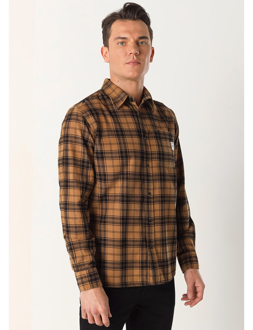 Camisa Homem com Padrão Castanho e Cinzento