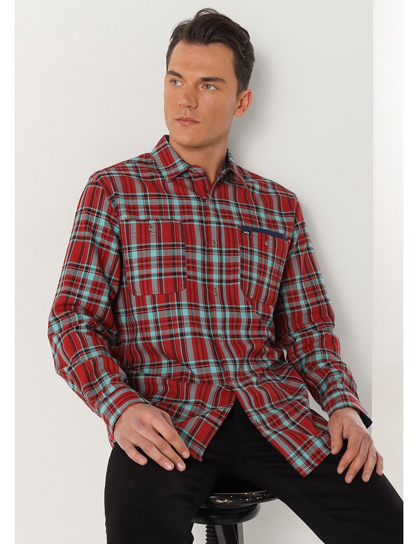 Camisa Homem com Padrão Vermelho e Azul