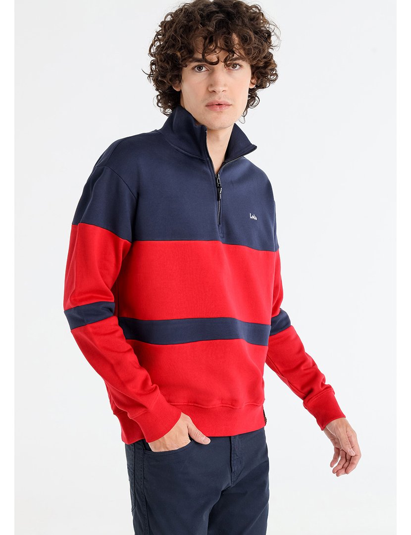Sweatshirt Homem com Meio Fecho Azul e Vermelho
