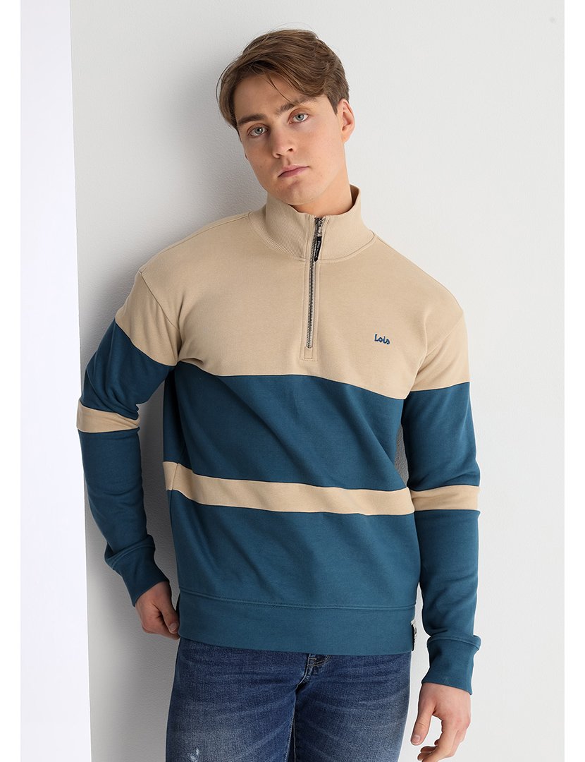Sweatshirt Homem com Meio Fecho Bege e Azul