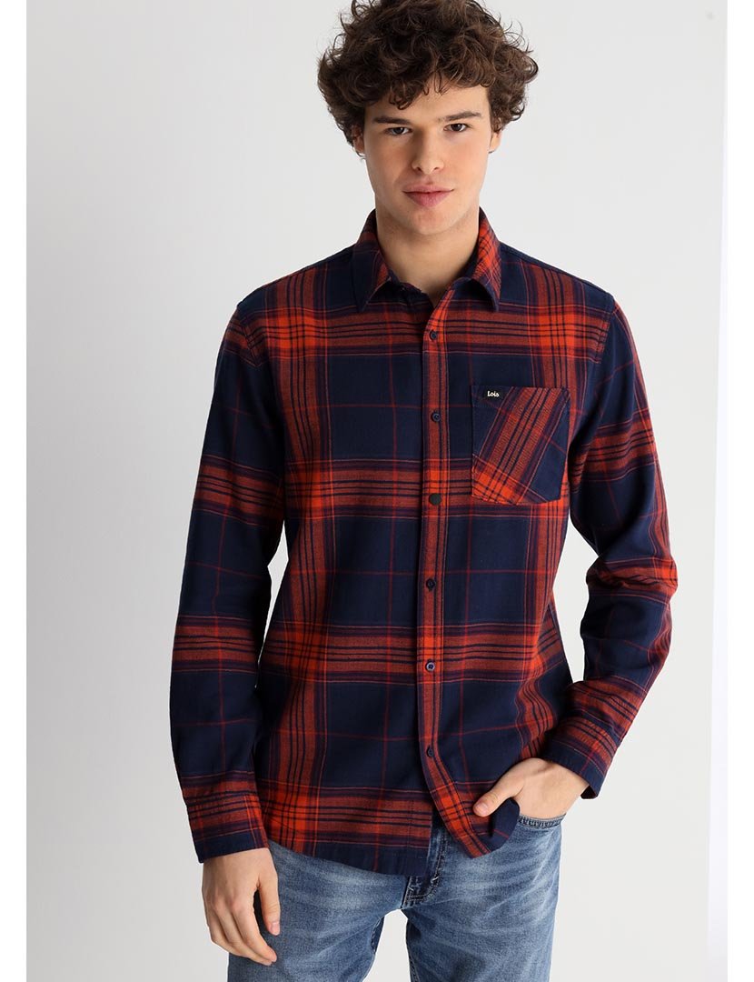Camisa Homem com Padrão Azul e Vermelho
