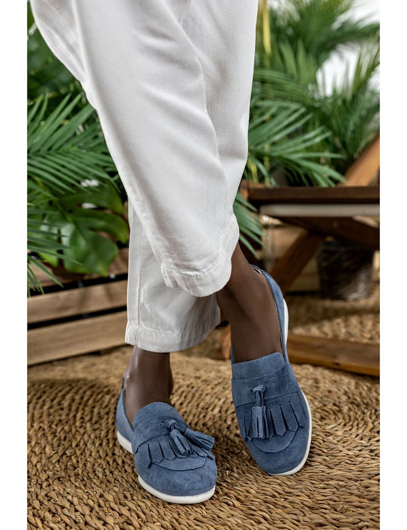 Mocassin Camurça com borlas Azul