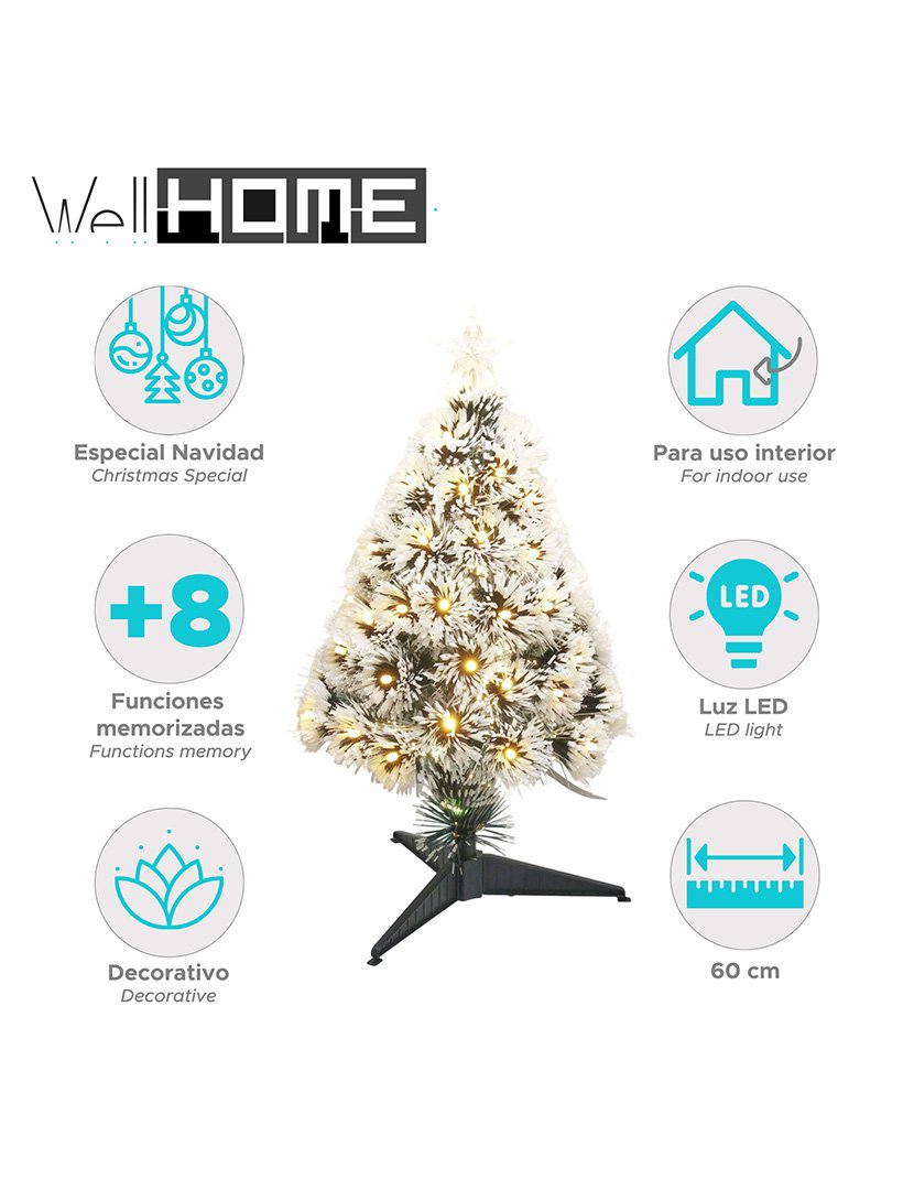 Árvore de Natal de fibra óptica com 60 Luzes LED brancas quentes e 8 funções de cor 60cm