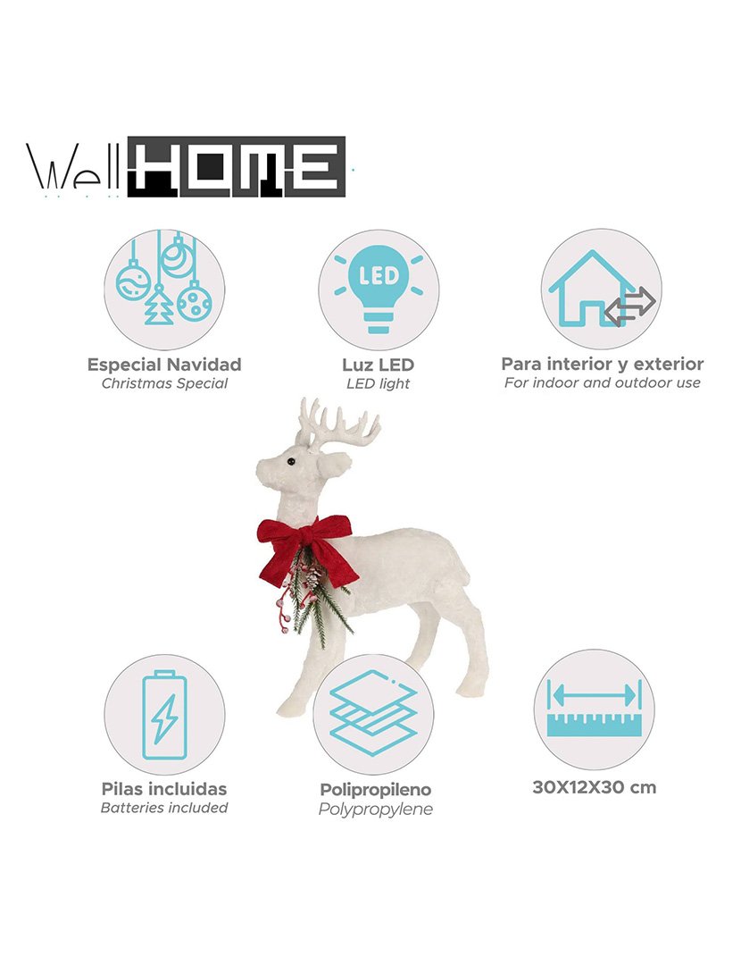 Decoração de Natal - rena em pé com Luzes LED e tecido branco 30x30x12cm