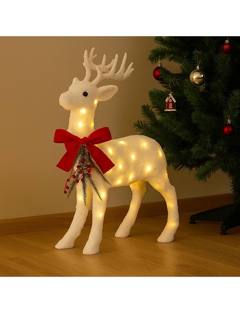 Decoração de Natal - rena em pé com Luzes LED e tecido branco 30x30x12cm