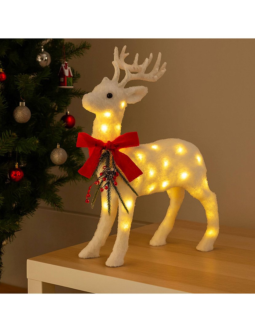 Decoração de Natal - rena em pé com Luzes LED e tecido branco 30x30x12cm