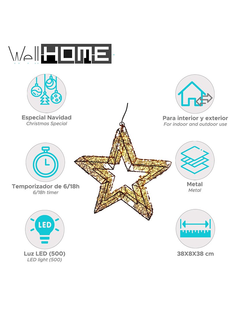 Estrela luminosa com 500 Luzes LED e estrutura metálica 38x38x8cm
