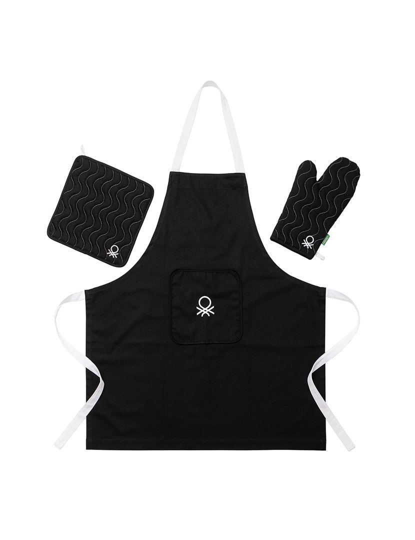 Conjunto Avental + Luvas Cozinha Preto/Branco