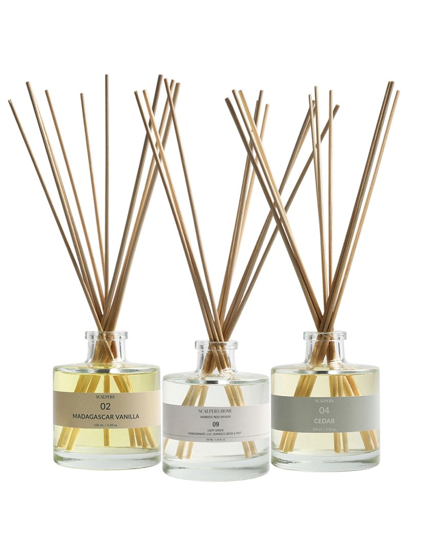 Set de 3 difusores mikado de 100ml aromas a vainilla de madagascar-cedro-light green scalpers