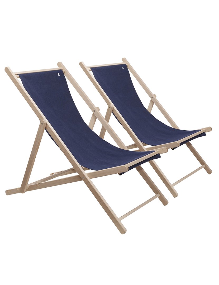 Conjunto de 2 redes dobráveis em madeira de faia sem estrutura de braços sem verniz cambistas de lona azul escuro