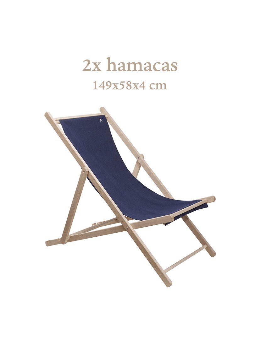 Conjunto de 2 redes dobráveis em madeira de faia sem estrutura de braços sem verniz cambistas de lona azul escuro