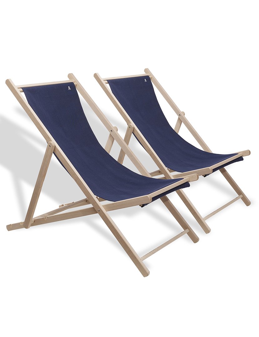 Conjunto de 2 redes dobráveis em madeira de faia sem estrutura de braços sem verniz cambistas de lona azul escuro