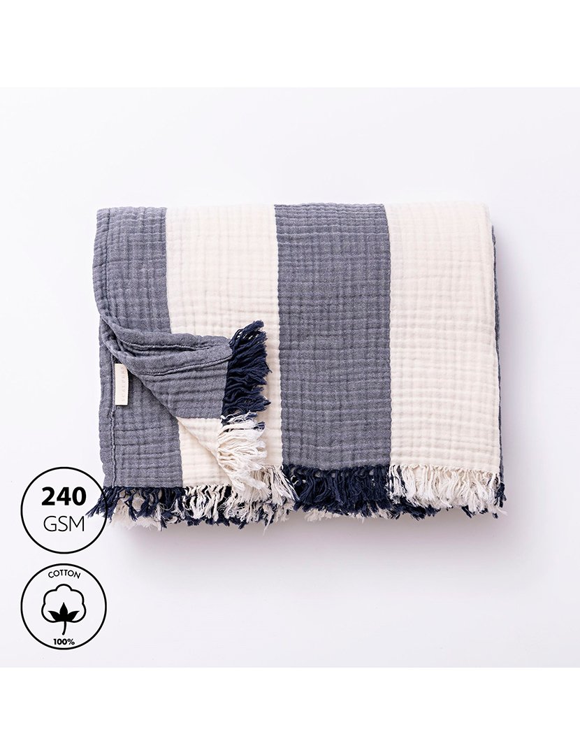 Manta Listrada 140x190 cm Azul Marinho